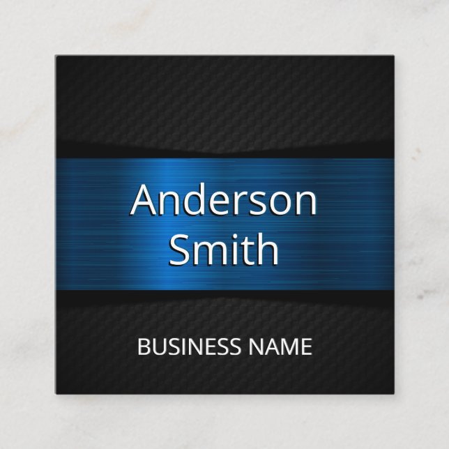 Blue Metallic Black Mesh Pattern Square Business Card (Front)