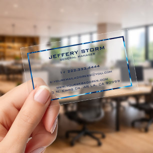 Blue Metallic Border Clear Business Cards