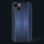 Blue Metallic Brushed Aluminum Geometric Accents iPhone 13 Case<br><div class="desc">Dark blue metallic background,  simple brushed aluminum look with blue geometric stripes pattern accents. Custom and optional monogram. Available on other products</div>