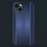 Blue Metallic Brushed Aluminum Geometric Accents iPhone 13 Case<br><div class="desc">Dark blue metallic background,  simple brushed aluminum look with blue geometric stripes pattern accents. Custom and optional monogram. Available on other products</div>