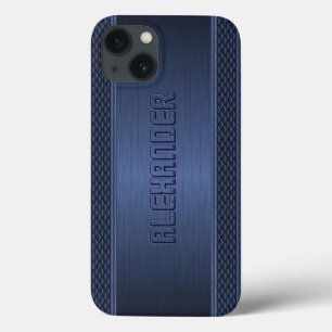 Blue Metallic Brushed Aluminum Geometric Accents iPhone 13 Case