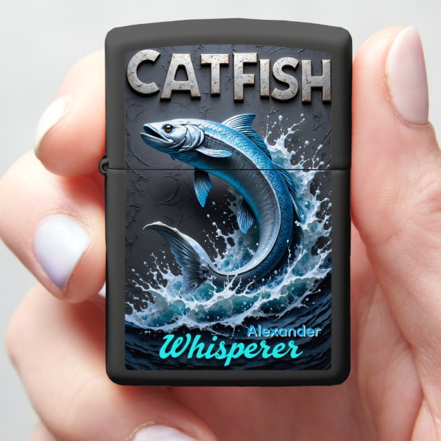 Blue Metallic Catfish Personalized Water Leap Zippo Lighter (In Hand)