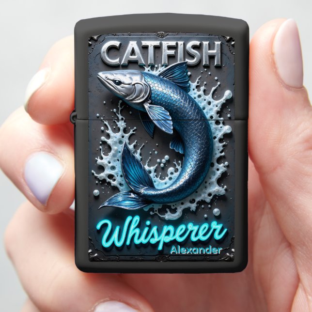Blue Metallic Catfish Personalized Water Zippo Lighter (In Hand)