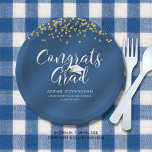 Blue Metallic CONGRATS GRAD Gold Confetti Paper Plates<br><div class="desc">Blue brushed metallic background and gold confetti with modern,  chic handwritten  calligraphy script typography title CONGRATS GRAD and personalized with the graduate's name,  school and class year. Contact the designer via Zazzle Chat or makeitaboutyoustore@gmail.com if you'd like this design modified,  in another color,  on another product or coordinating items.</div>