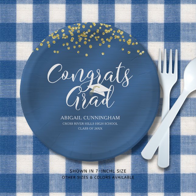 Blue Metallic CONGRATS GRAD Gold Confetti Paper Plates (Creator Uploaded)