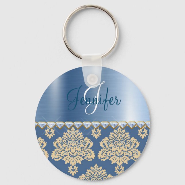 Blue Metallic, Damask Faux Satin Rhinestones Keychain (Front)