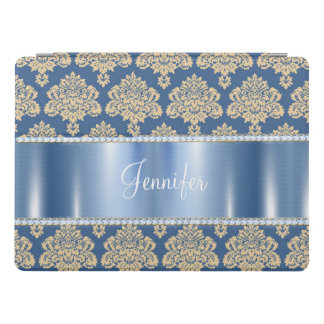 Blue Metallic Damask Rhinestones, Personalized iPad Pro Cover
