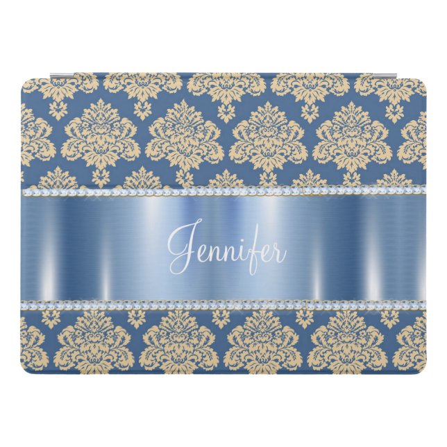 Blue Metallic Damask Rhinestones, Personalized iPad Pro Cover (Horizontal)