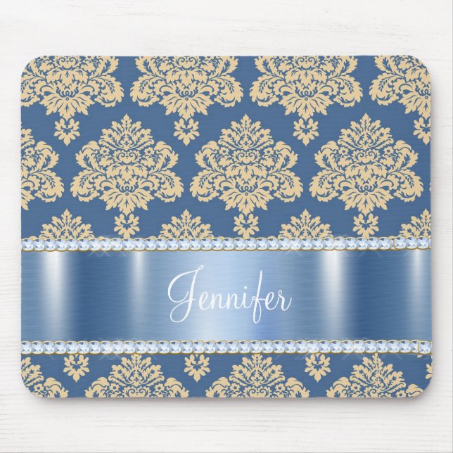 Blue Metallic Damask Rhinestones, Personalized Mouse Pad (Front)
