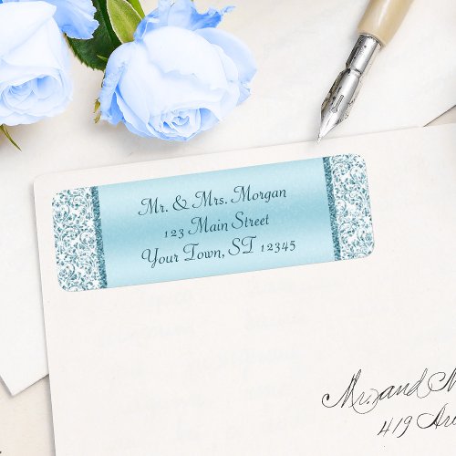 Blue Metallic Damask Wedding Return Address Label