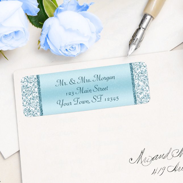 Blue Metallic Damask Wedding Return Address Label (Creator Uploaded)
