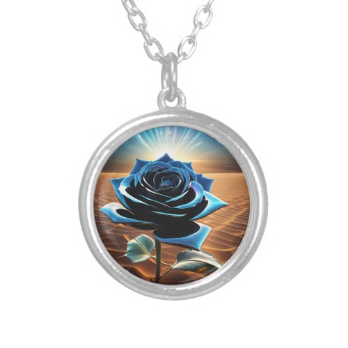 Blue Metallic Desert Rose Silver Plated Necklace