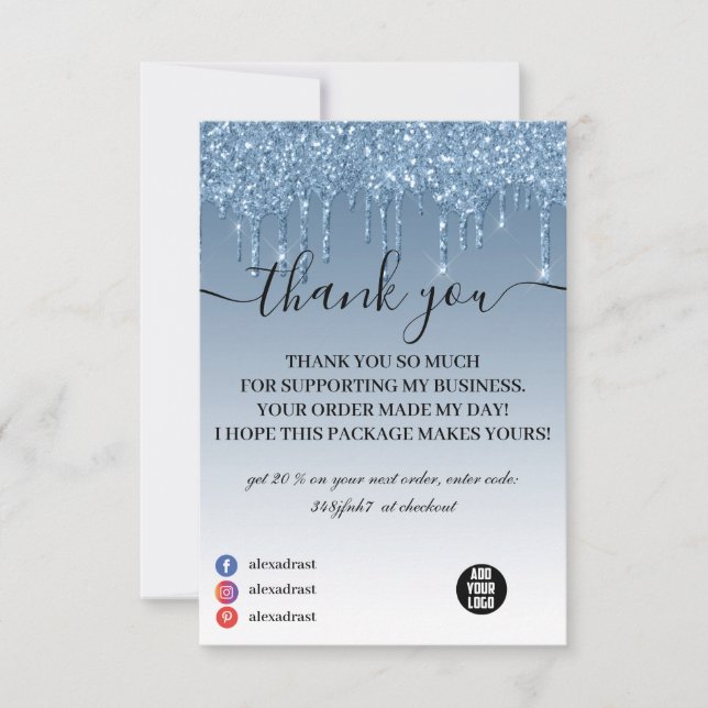 Blue Metallic Dripping Glitter Business Thank You Card (Front)