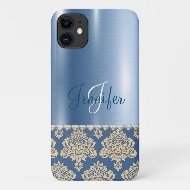 Blue Metallic Floral Monogram Personalize Girly Case-Mate iPhone Case (Back)