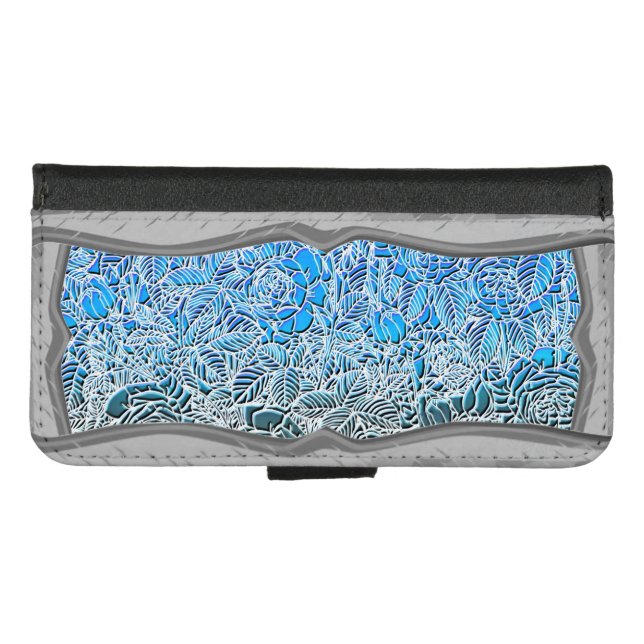 Blue Metallic Fluorescent Flowers iPhone Wallet Case (Front (Horizontal))