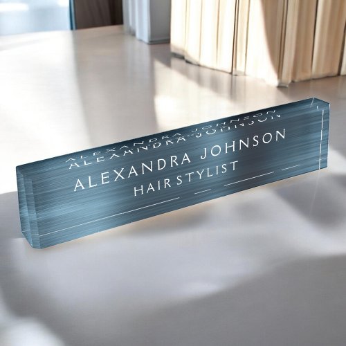 Blue Metallic Foil Modern Elegant Business Desk Name Plate
