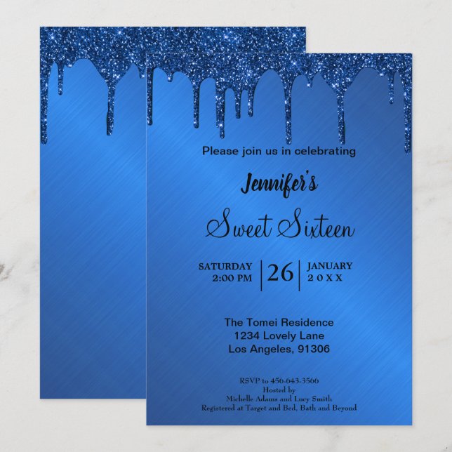 Blue metallic glitter Sweet Sixteen Invitation (Front/Back)
