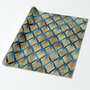 Blue Metallic Gold Abstract Elegant Chic Gift Wrapping Paper