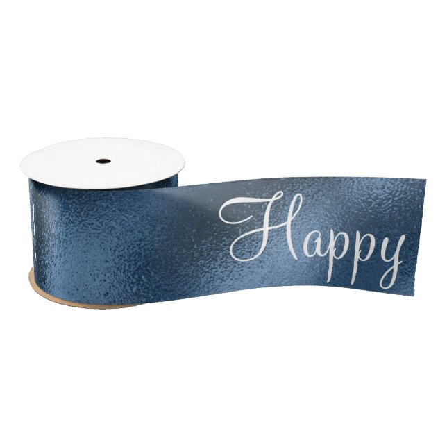 Blue Metallic Happy Birthday Script Modern  Satin  Ribbon (Spool)