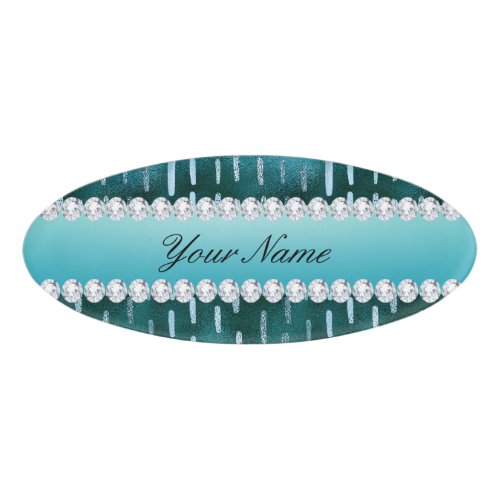 Blue Metallic Look Paint Strokes on Teal Name Tag
