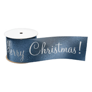 Blue Metallic Merry Christmas Holiday Modern Satin Ribbon