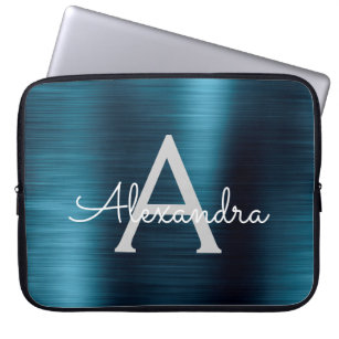 Blue Metallic Modern Chic Stainless Steel Monogram Laptop Sleeve
