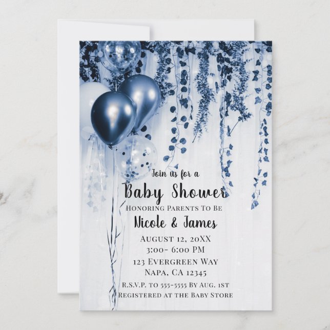 Blue Metallic Party Balloons Ivy Baby Shower Invitation (Front)