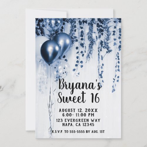 Blue Metallic Party Balloons Ivy White Sweet 16 Invitation