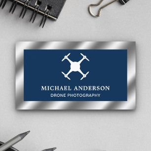 Blue Metallic Steel Modern Drone Photography Business Card