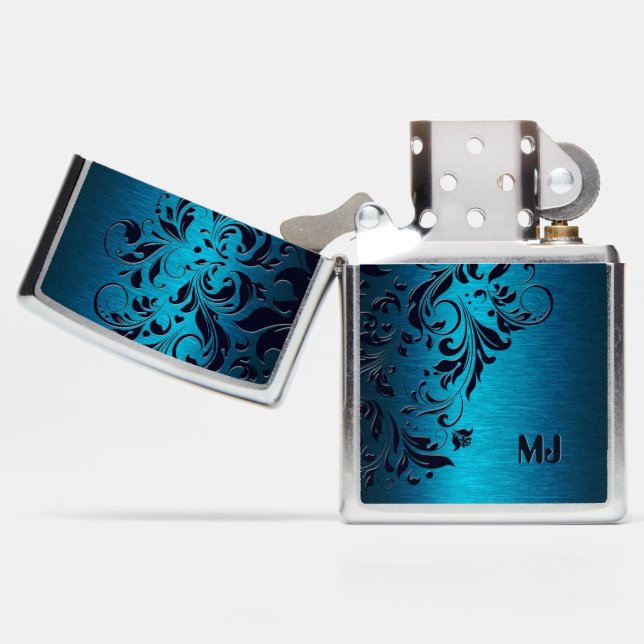 Blue Metallic Texture & Floral Lace Zippo Lighter (Opened)