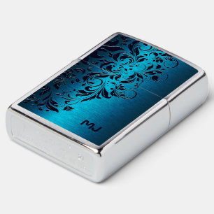 Blue Metallic Texture & Floral Lace Zippo Lighter