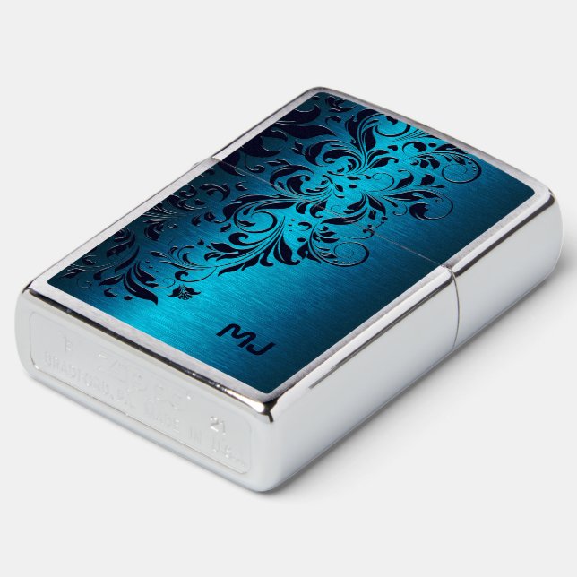 Blue Metallic Texture & Floral Lace Zippo Lighter (Angled)