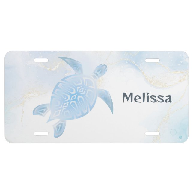 Blue Metallic Tribal Turtle License Plate (Front)
