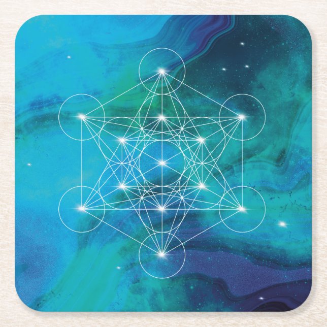 Blue Metatron, sacred geometric Square Paper Coaster (Front)