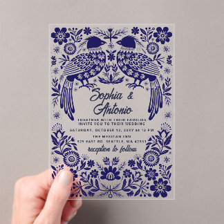 Blue Mexican Birds Otomi Floral Fiesta Wedding Acrylic Invitations