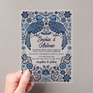 Blue Mexican Birds Otomi Floral Fiesta Wedding Acrylic Invitations