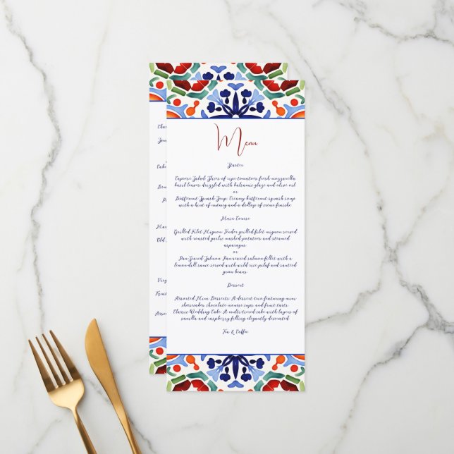 Blue Mexican colorful talavera tiles menu template (Front/Back In Situ)