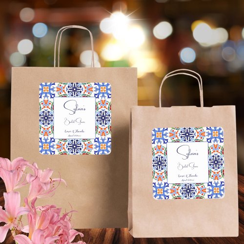 Blue Mexican colorful tiles bridal shower favor Square Sticker