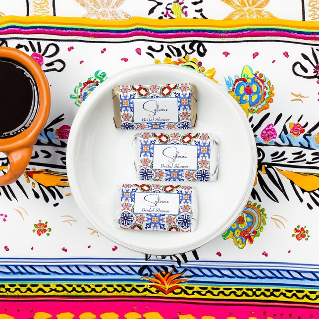 Blue Mexican colorful tiles bridal shower favors (Blue Mexican colorful Talavera Azulejo tile bridal shower edible candy favors personalized chocolate)