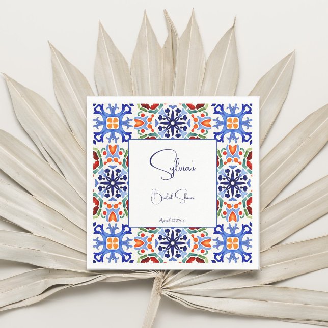 Blue Mexican colorful tiles bridal shower printed Napkins (Blue Mexican talavera azulejo bold colorful tiles Spanish bridal shower printed Napkins template)