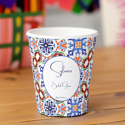 Blue Mexican colorful tiles bridal shower printed Paper Cups