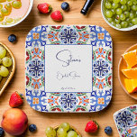 Blue Mexican colorful tiles bridal shower printed Paper Plates<br><div class="desc">Blue colorful Mexican talavera azulejo tiles bridal shower printed template paper plates personalized tableware decor,  handwriting casual font</div>