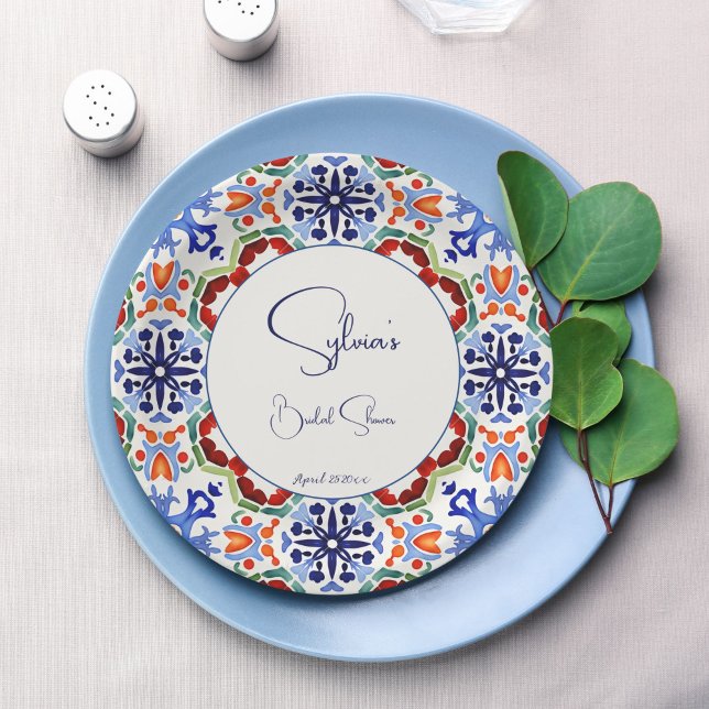 Blue Mexican colorful tiles bridal shower printed Paper Plates (Blue Mexican vintage Talavera colorful tiles bridal shower printed Paper Plates personalized decor)
