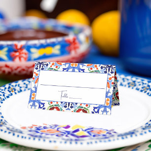 Blue Mexican colorful tiles bridal shower printed Place Card