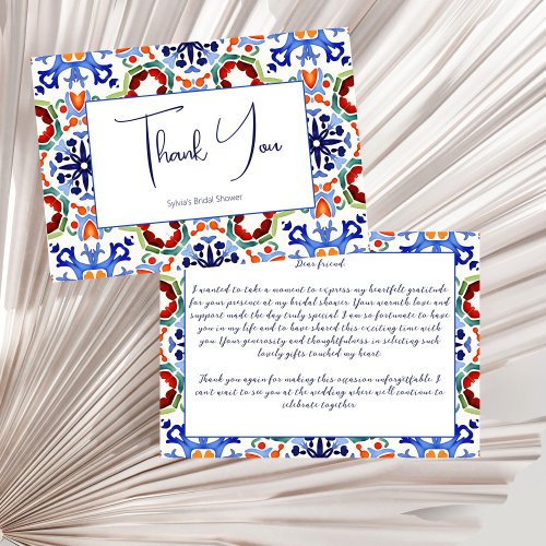 Blue Mexican colorful tiles bridal shower Thank You Card