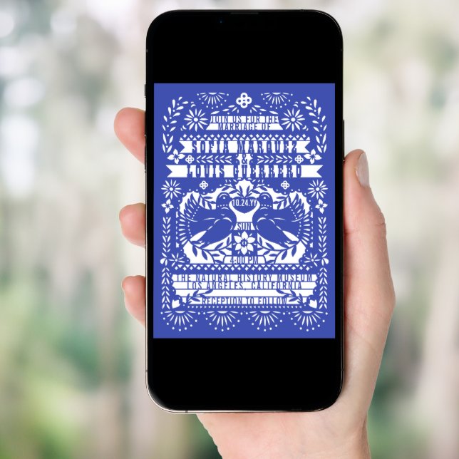 Blue Mexican Fantail Doves Papel Picado Wedding Invitation (Front Digital)