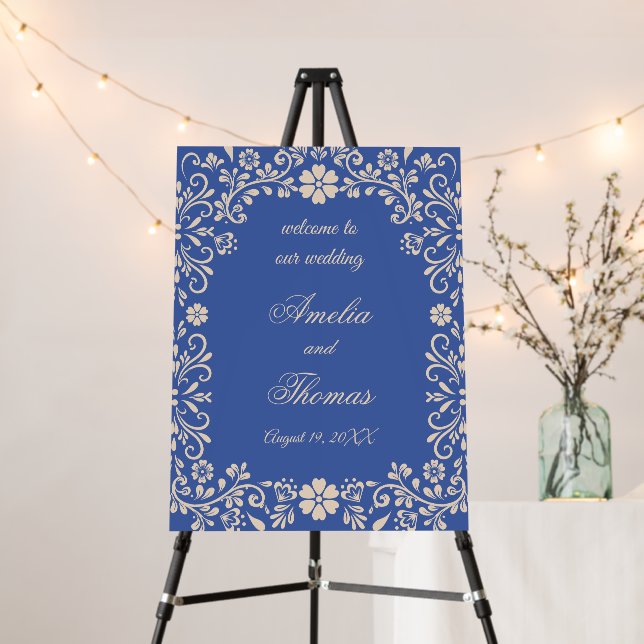 Blue Mexican Folk Wedding Welcome Sign (In Situ (Stand))