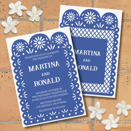 Blue Mexican papel picado wedding invitation