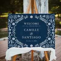 Blue Mexican Papel Picado Wedding Welcome Sign