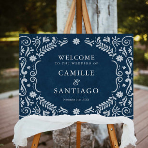 Blue Mexican Papel Picado Wedding Welcome Sign